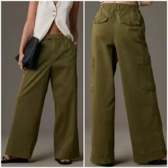 Pilcro Pants - ANTHROPOLOGIE‎ Pilcro Pleated Wide-Leg Cargo Pants, Army Green. Size XS